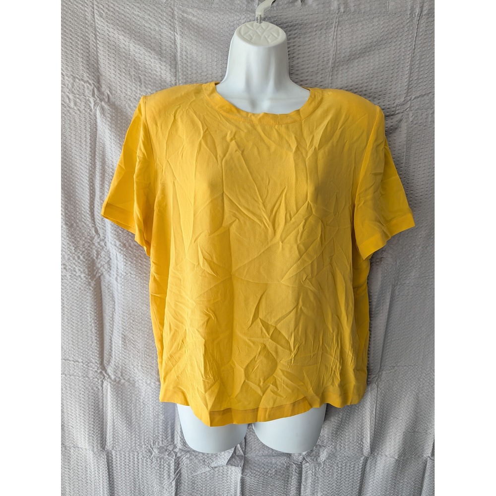 Westbound Vintage Yellow 100% Silk Shoulder Pad Blouse Short Sleeve Top Large